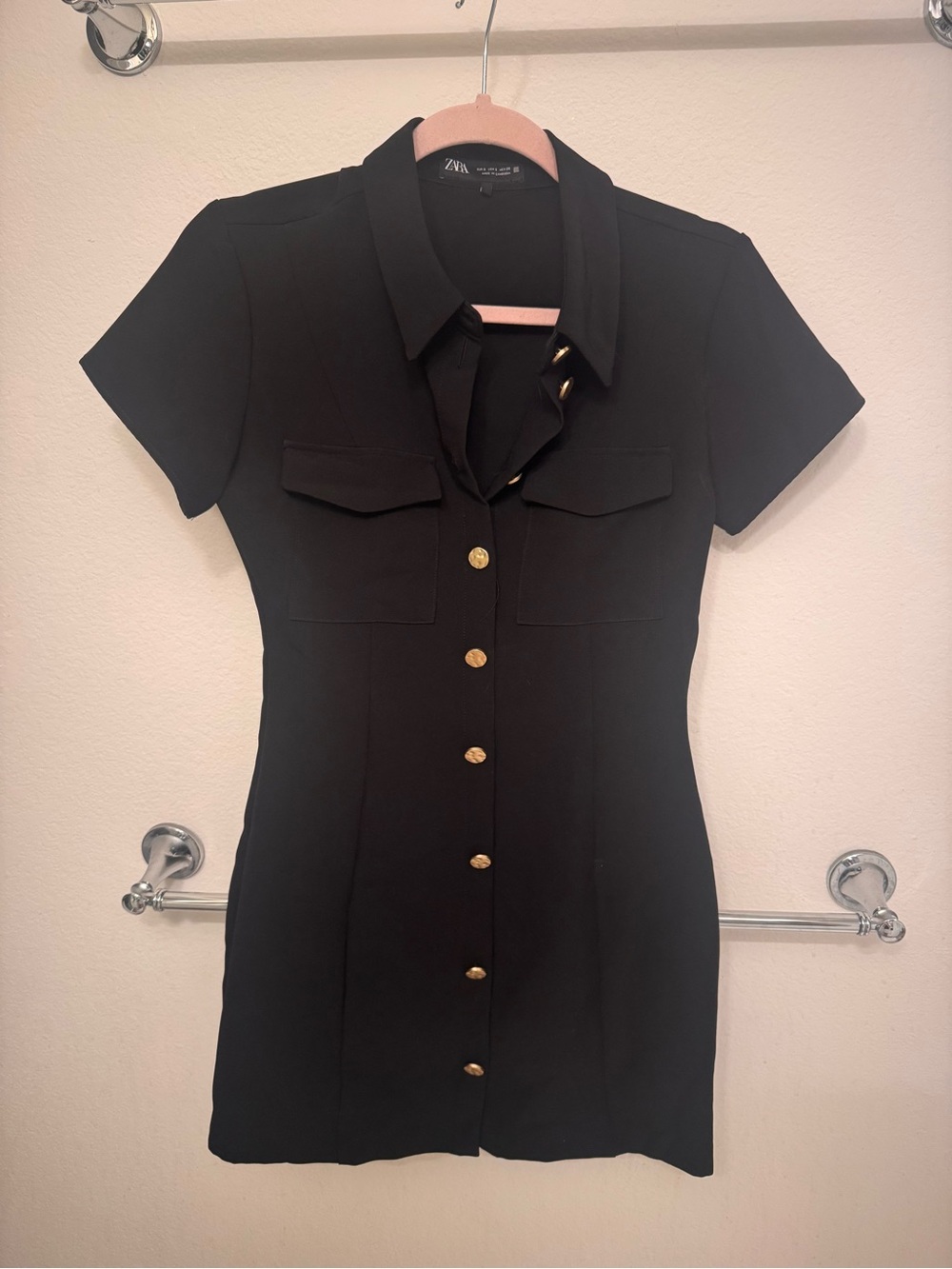 Zara Black Short-Sleeve Button-Front Mini Dress with Gold Buttons